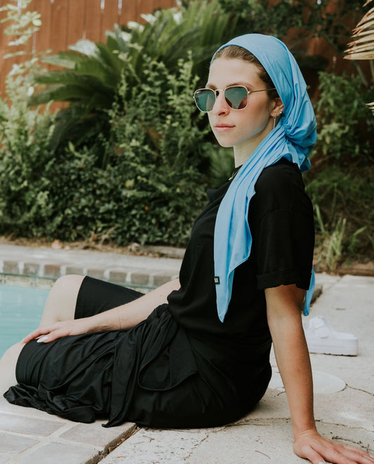 Baby Blue Bathing Suit Headscarf (with velvet + silicone Grip band)